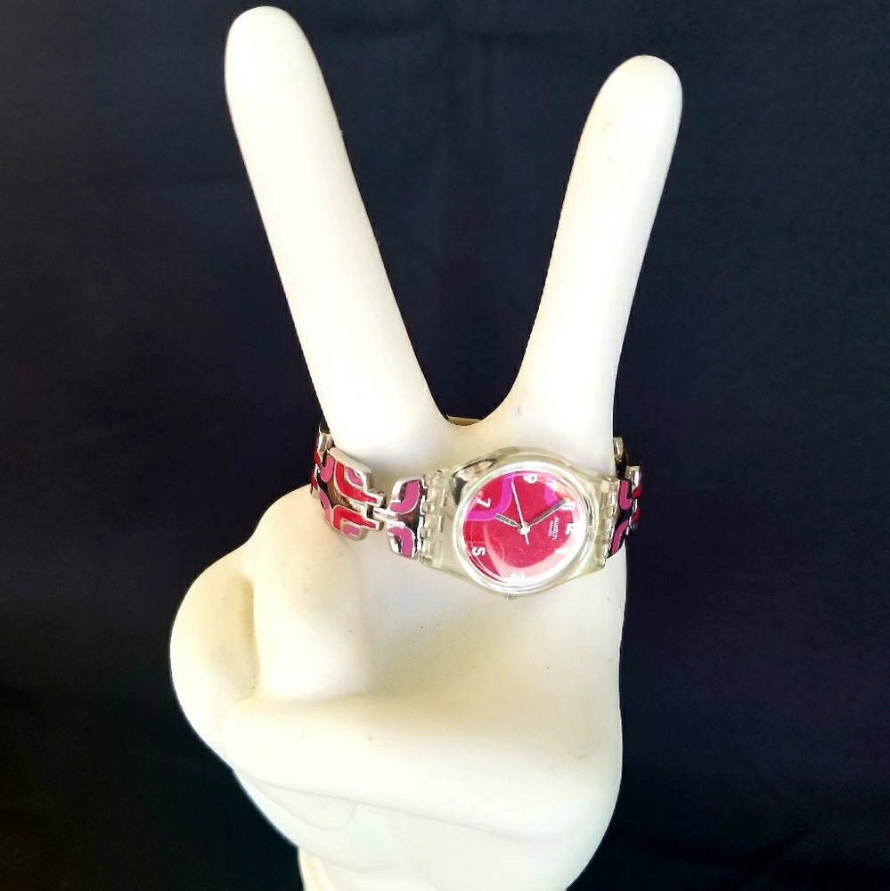 EUC Swatch Watch Stainless Steel w/Pink & Purple